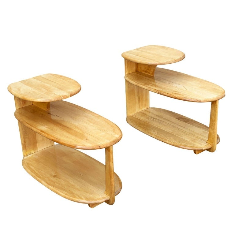 MCM C3753 3-Tier Blonde Surfboard End Table Pair by Heywood Wakefield, 1941: Originally produced between 1940-44, this pair of C 3753 Surfboard End Tables was originally introduced in 1940 with the highly recognizable "surfboard" design . A great example of early American