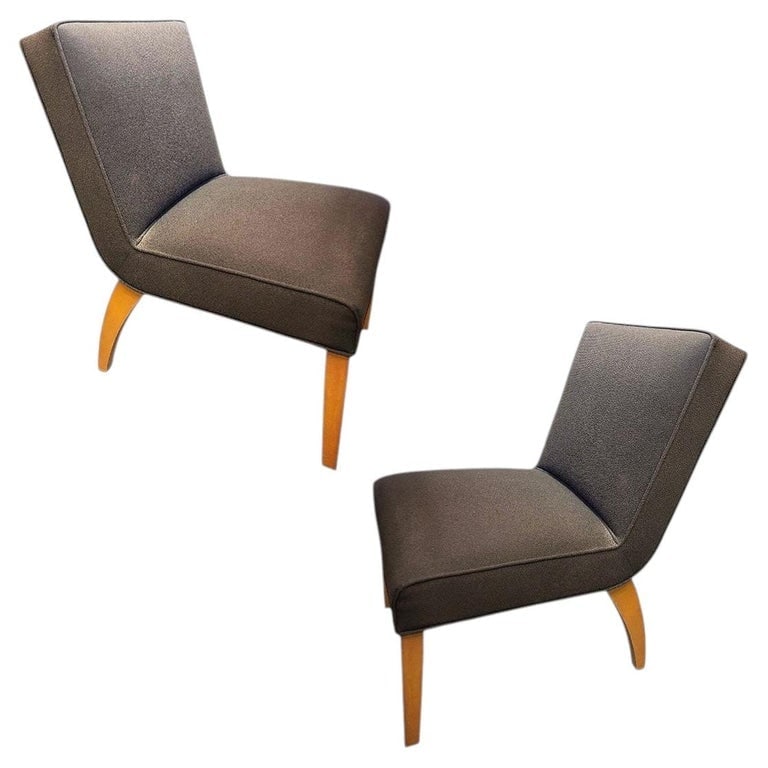 Pair of Mid-Century Thonet Inspired Bentwood Slipper Chairs: A refined pair of mid-century modern slipper lounge chairs, designed with clean, architectural lines and a low, relaxed profile. Upholstered in a rich charcoal fabric, each chair offers a gently