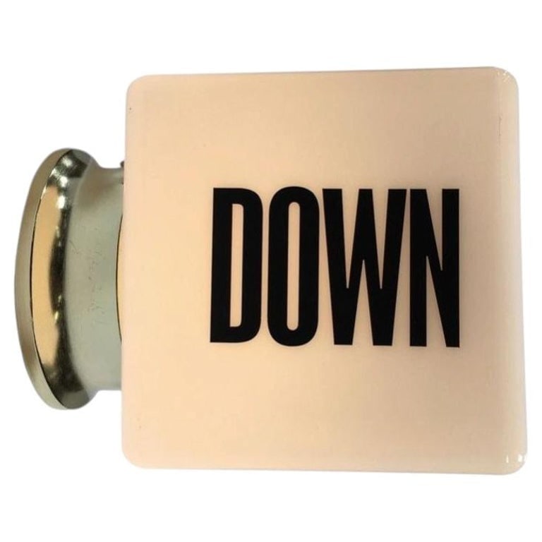 Art Deco-Era Square Milk Glass Up/Down Stairway Globe w/ Fitter, Customizable: Art Deco era square milk glass globe taken from a hotel stairway in Los Angeles during the 1980s. This unique custom piece can be personalized with the words œUp,? œDown,? œMen,? or œWomen,?