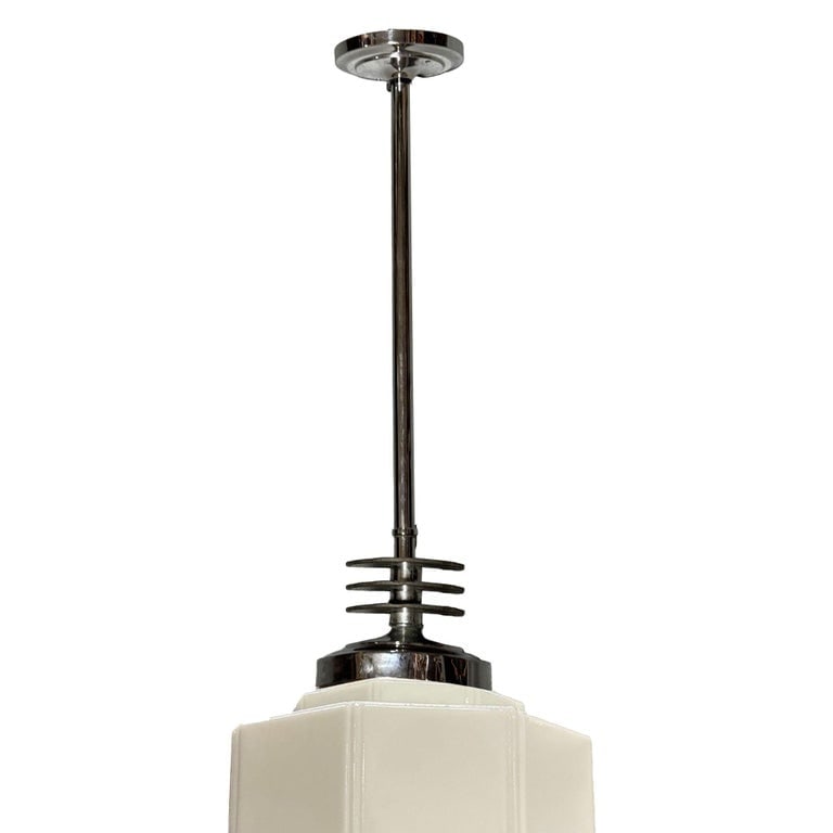Art Deco Chrome Streamline Pendant Light w/ Stepped Milk Glass Shade - 5