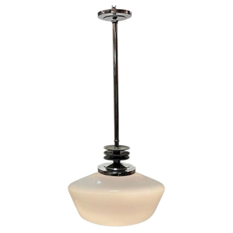 Art Deco Chrome Streamline Pendant Light w/ Opal Schoolhouse Globe (1 of 5)