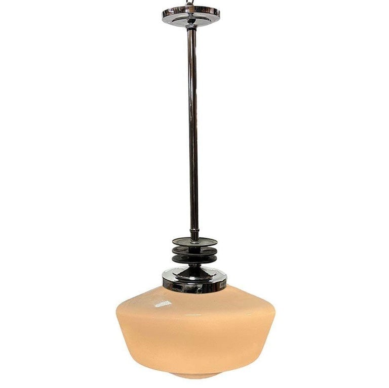 Art Deco Chrome Streamline Pendant Light w/ Opal Schoolhouse Globe - 2