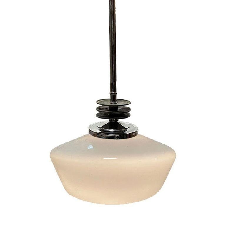 Art Deco Chrome Streamline Pendant Light w/ Opal Schoolhouse Globe - 3