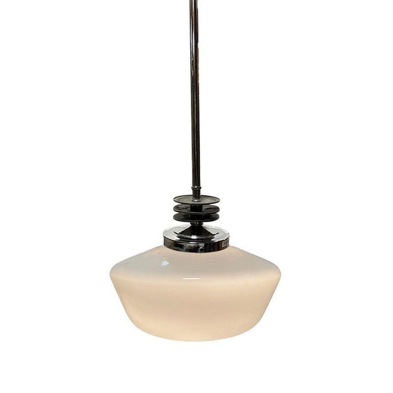 Art Deco Chrome Streamline Pendant Light w/ Opal Schoolhouse Globe - 4