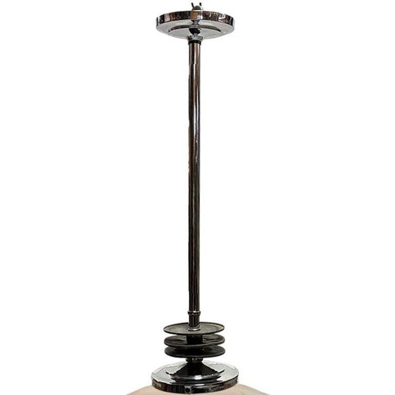 Art Deco Chrome Streamline Pendant Light w/ Opal Schoolhouse Globe - 5