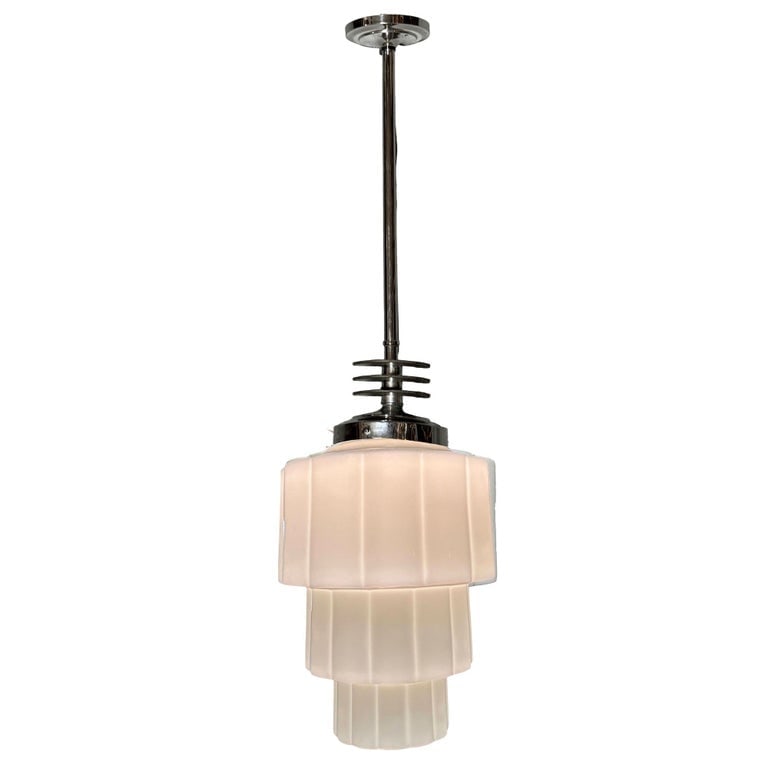 Art Deco Chrome Streamline Pendant Light w/ Stepped Milk Glass Skyscraper Shade (1 of 6)