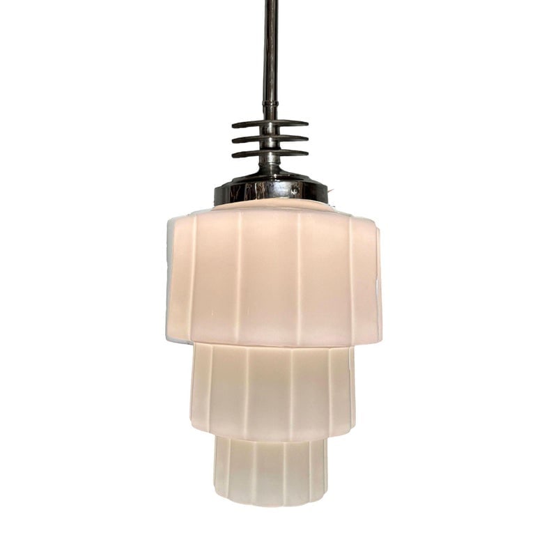 Art Deco Chrome Streamline Pendant Light w/ Stepped Milk Glass Skyscraper Shade - 4