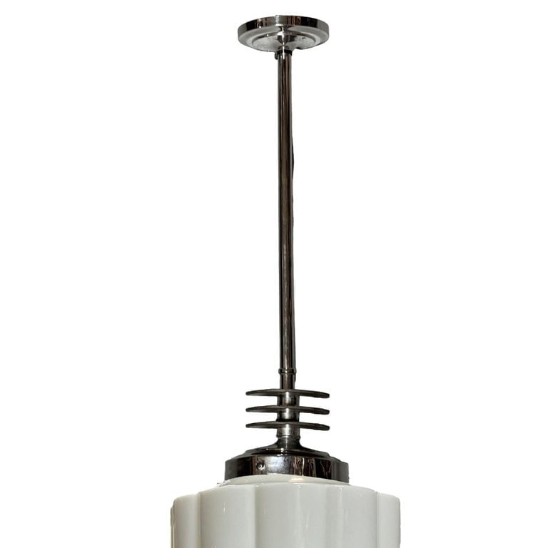 Art Deco Chrome Streamline Pendant Light w/ Stepped Milk Glass Skyscraper Shade - 6