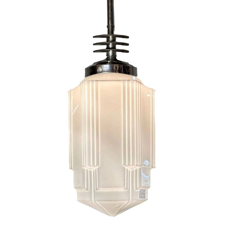 Art Deco Chrome Streamline Pendant Light w/ Skyscraper Milk Glass Shade - 3