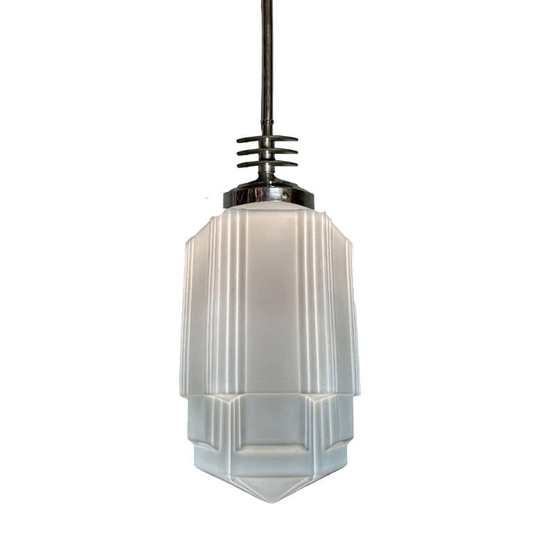 Art Deco Chrome Streamline Pendant Light w/ Skyscraper Milk Glass Shade - 4