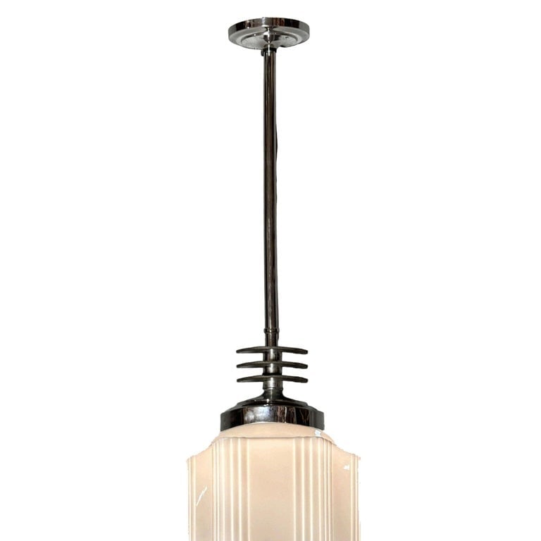 Art Deco Chrome Streamline Pendant Light w/ Skyscraper Milk Glass Shade - 5
