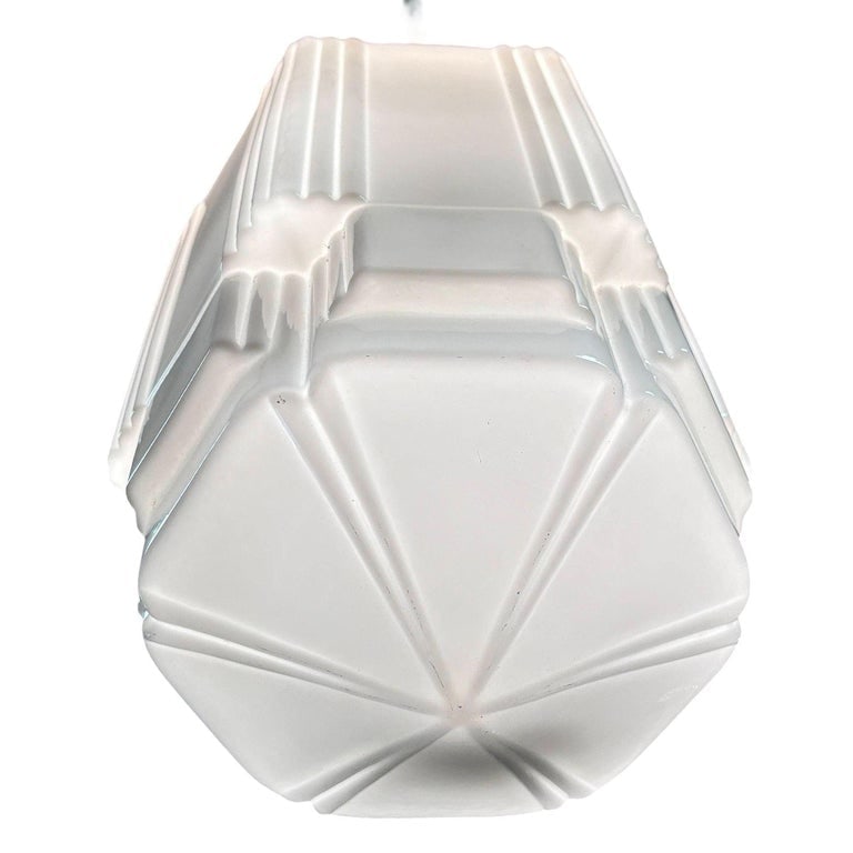 Art Deco Chrome Streamline Pendant Light w/ Skyscraper Milk Glass Shade - 6