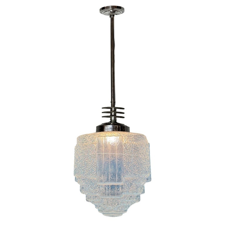 Art Deco Chrome Streamline Pendant Light w/ Skyscraper Cobalt Blue Glass Shade - 2