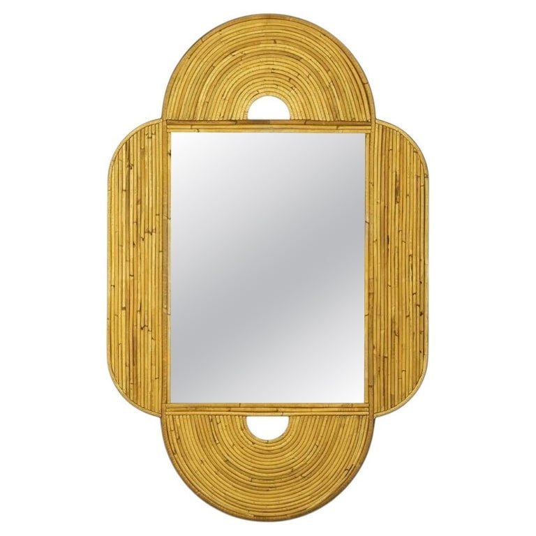 Large 47"x 30" Italian Restored Streamline Split Reed Rattan Arched Wall Mirror (1 of 4)