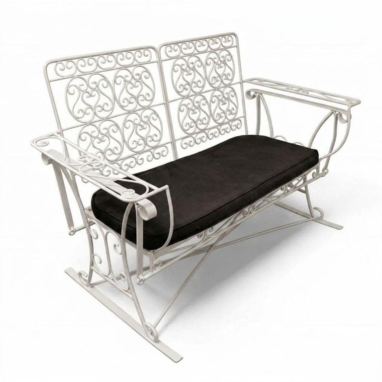 White Scrolling Wrought Iron Glider Rocking Settee and Chair Patio Outdoor Set - 2