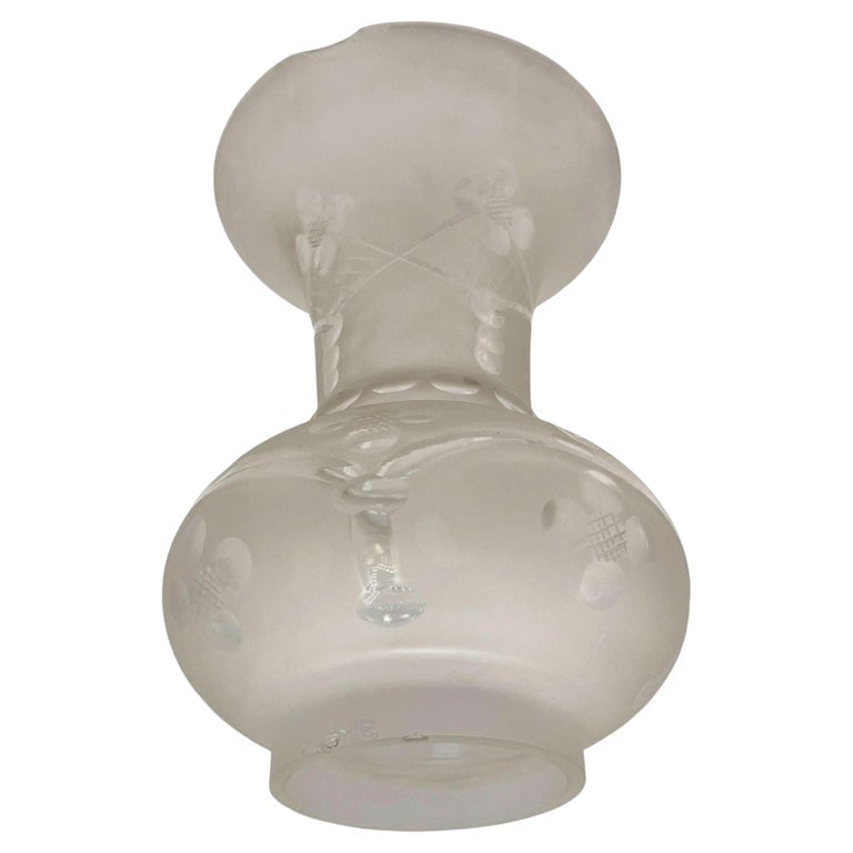 Victorian Wheel Cut Frosted Glass Floral Oil Lamp Fluted Hurricane Shade CHIPPED: This vintage western-style white frosted glass oil lamp Hurricane Shade has a smooth, curved design with a softly diffused finish. It tapers toward the fitter opening, making it ideal for restoring or