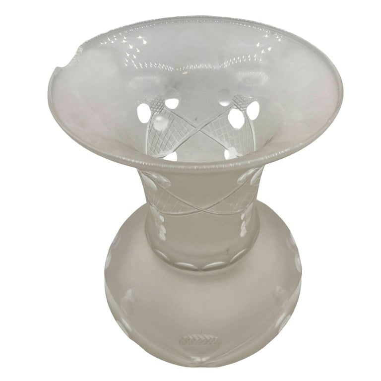Victorian Wheel Cut Frosted Glass Floral Oil Lamp Fluted Hurricane Shade CHIPPED - 4