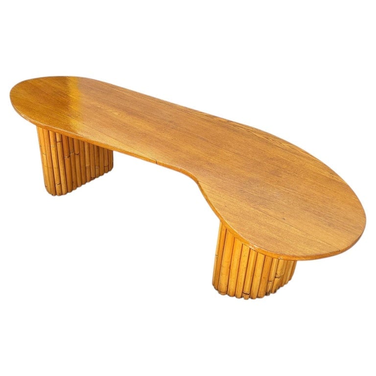 Restored Rare Mid-Century Rattan and Mahogany Asymmetric "J" Coffee Table (1 of 7)