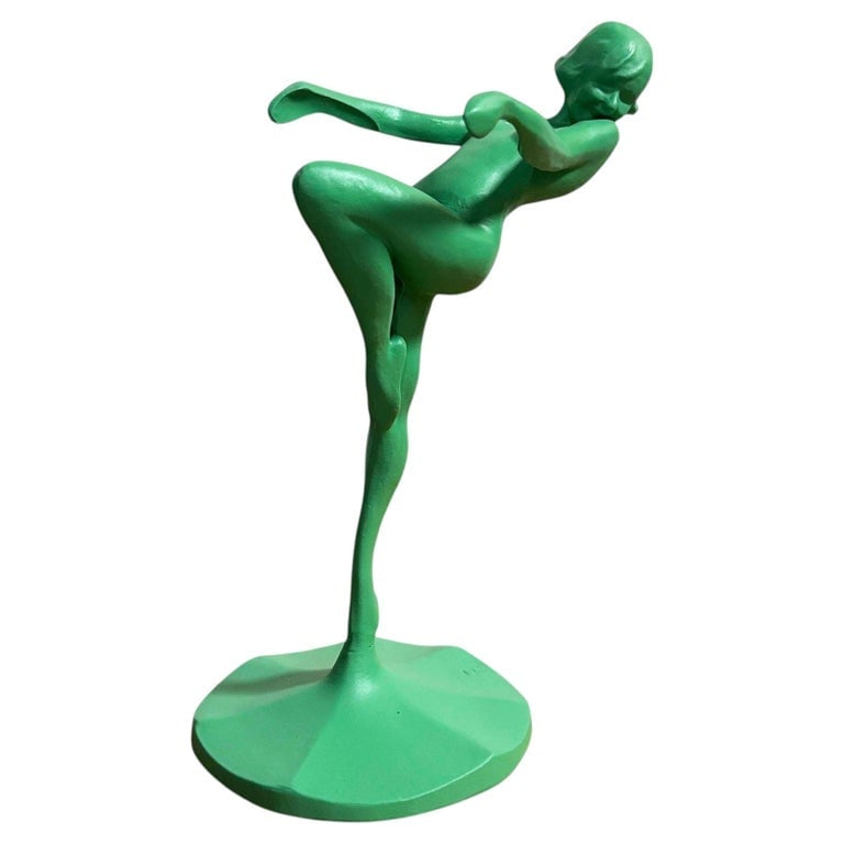 1922 Model T-301 figure Art Deco Dancing Nymph Green Ashtray Stand by Frankart: Vintage Art Deco mixed media ashtray figurine by Frankart and German American sculptor Arthur von Frankenberg (1889-1950). The artist's subject was a noted English model of the period named Leone Osbo