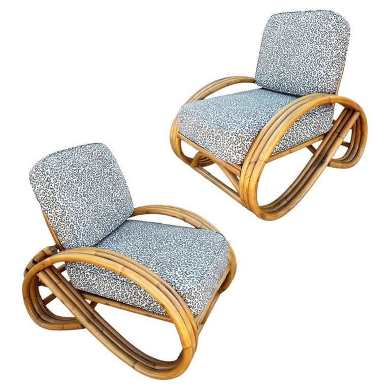 Restored Mid-century 3/4 Round Pretzel Arm Rattan Lounge Chair Set (1 of 18)