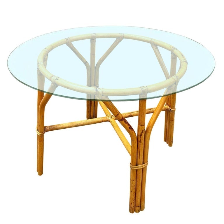 Restored Mid-century Round Glass Top 3-Strand Rattan Dining Table - 3