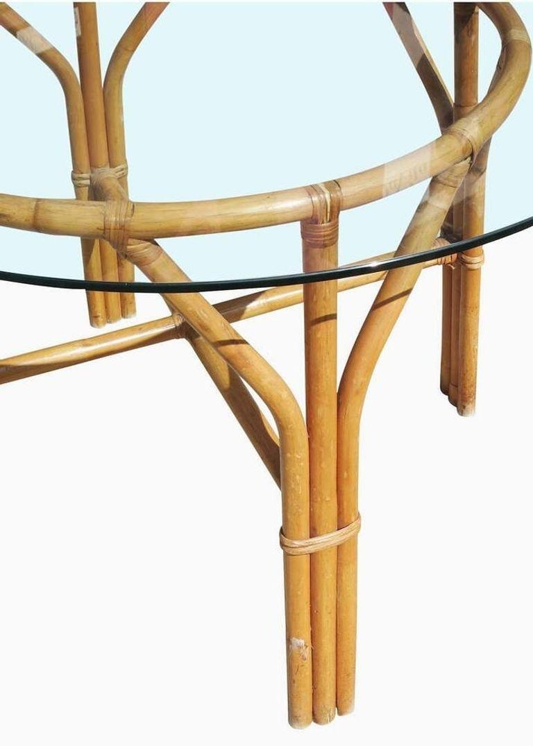 Restored Mid-century Round Glass Top 3-Strand Rattan Dining Table - 5