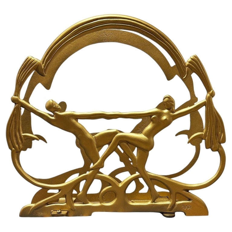 1928 Art Deco figure Flapper Brass Tone Magazine Rack by Seville Art Metal Studios: For your consideration is the rare brass tone variant of the Art Deco designed magazine rack with a figure flapper couple along each side by Seville Art Metal Studios in Cleveland, Ohio. Signed: "Copy