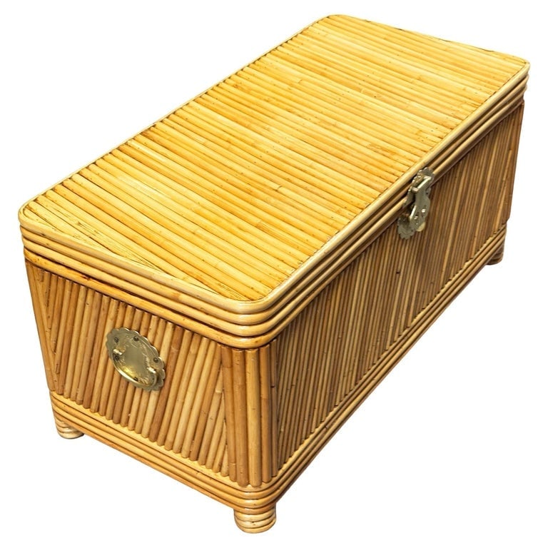 Restored Mid-century Split Reed Rattan and Pine Trunk w/ Brass Paktong Latch: A beautifully restored handcrafted coastal split reed rattan covered pine trunk featuring intricate traditional Chinese Paktong Latch made from an alloy of white copper, nickel, and zincwith a warm