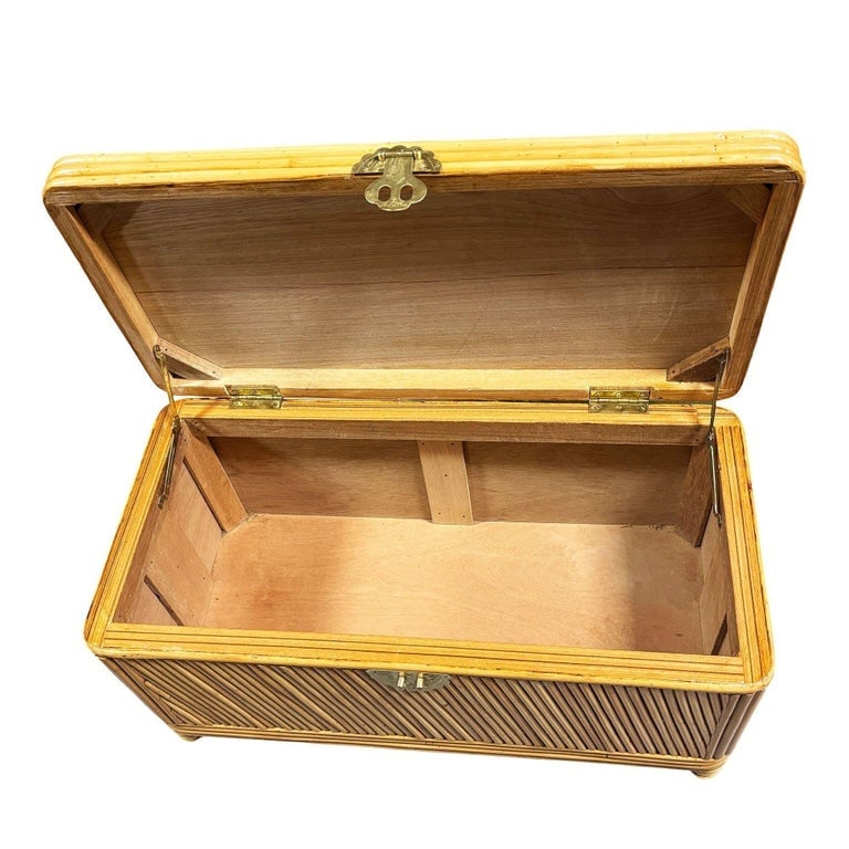 Restored Mid-century Split Reed Rattan and Pine Trunk w/ Brass Paktong Latch - 4