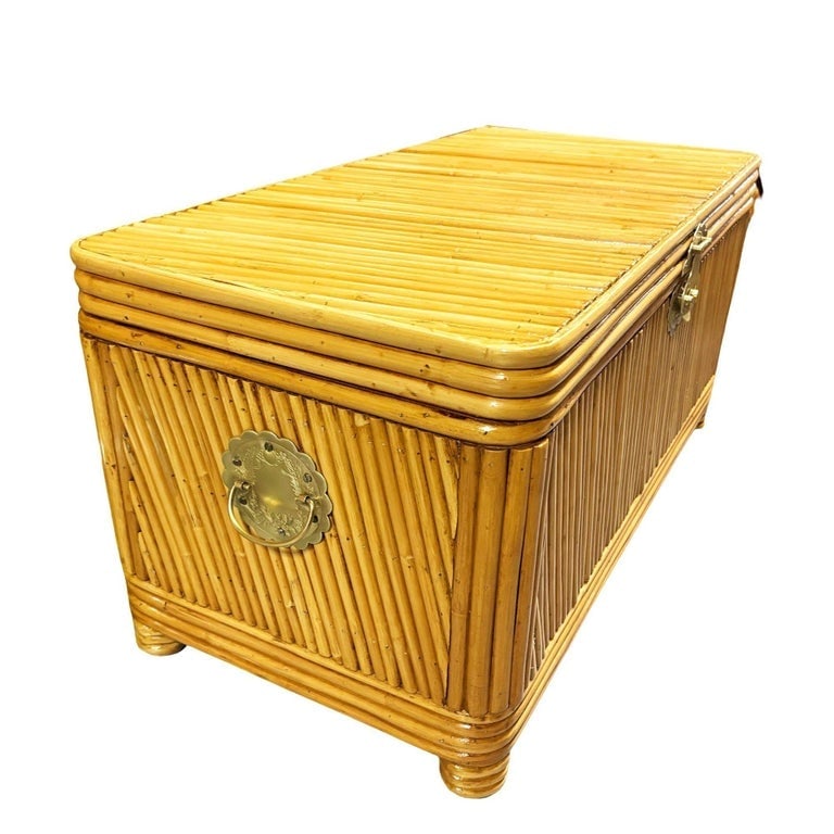 Restored Mid-century Split Reed Rattan and Pine Trunk w/ Brass Paktong Latch - 7