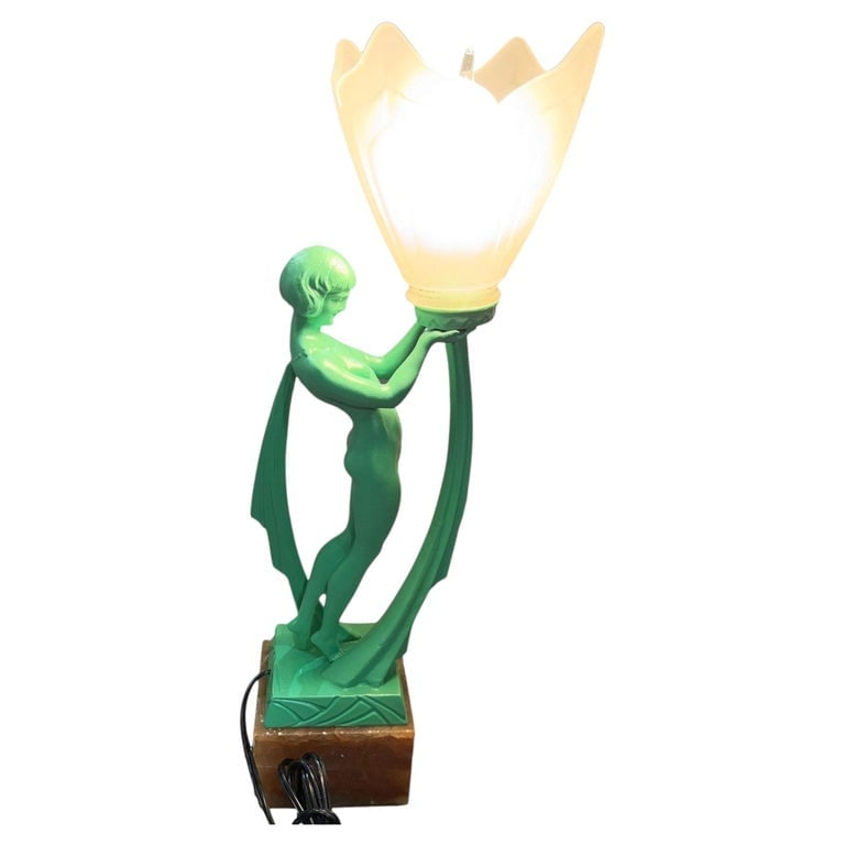 French Green Spleter Metal Art Deco Style Biba Lamp on Marble by Jacques Limousi: French Art Aeco œLimousin? figural figure Lamp, circa 1930 with a frosted tulip shade, and onyx marble base. A striking figural lamp signed Limousin, dating from the early 1930s. The sculptural form 