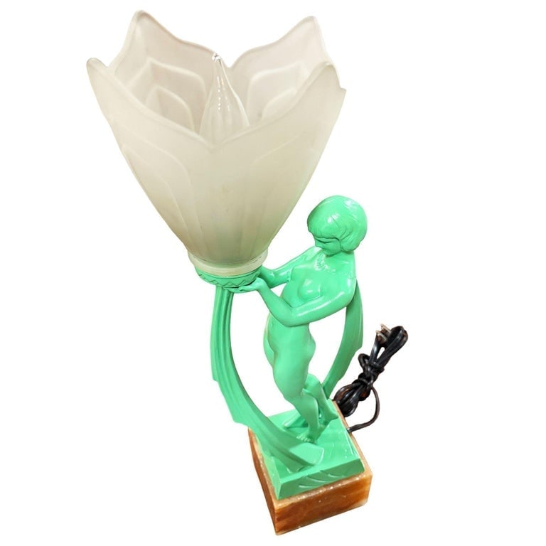 French Green Spleter Metal Art Deco Style Biba Lamp on Marble by Jacques Limousi - 5