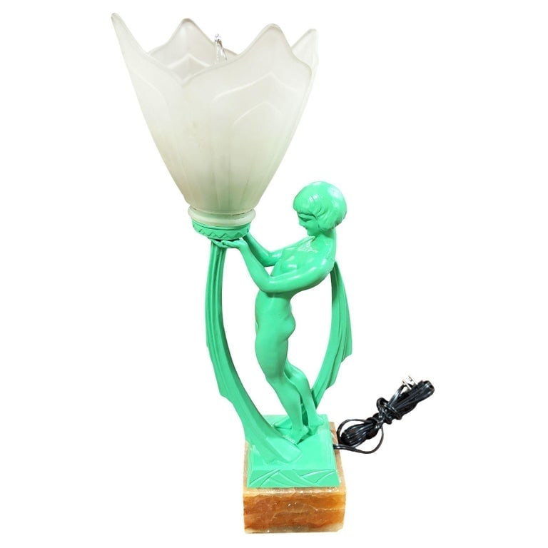 French Green Spleter Metal Art Deco Style Biba Lamp on Marble by Jacques Limousi - 6