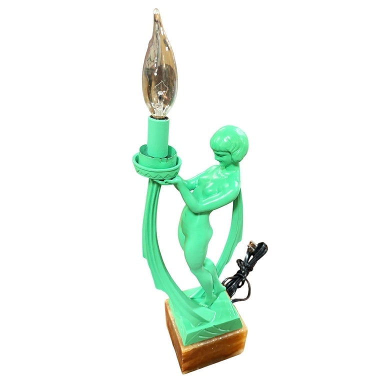 French Green Spleter Metal Art Deco Style Biba Lamp on Marble by Jacques Limousi - 7