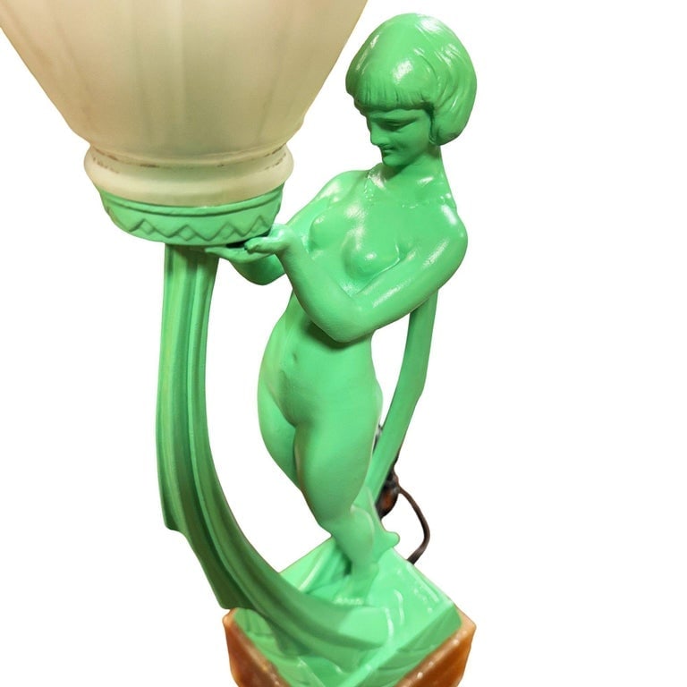 French Green Spleter Metal Art Deco Style Biba Lamp on Marble by Jacques Limousi - 8