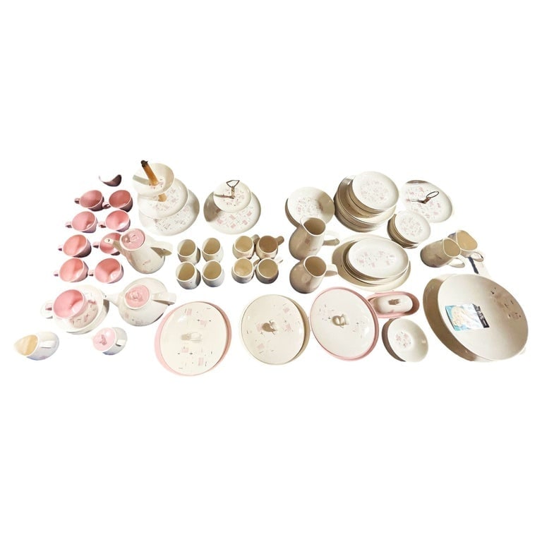 110 Piece "Tickled Pink" Serverware Dinner Plate Platter Bowl Set By Vernonware: Vintage Vernon œTickled Pink? dishware set featuring a cheerful mid-century design in soft blush and rosy pink tones. Crafted by Vernonware in California, this charming set captures the optimistic sp