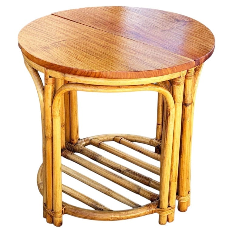 Restored Rattan and Mahogany Half Moon Side Tables with Storage Rack (1 of 5)