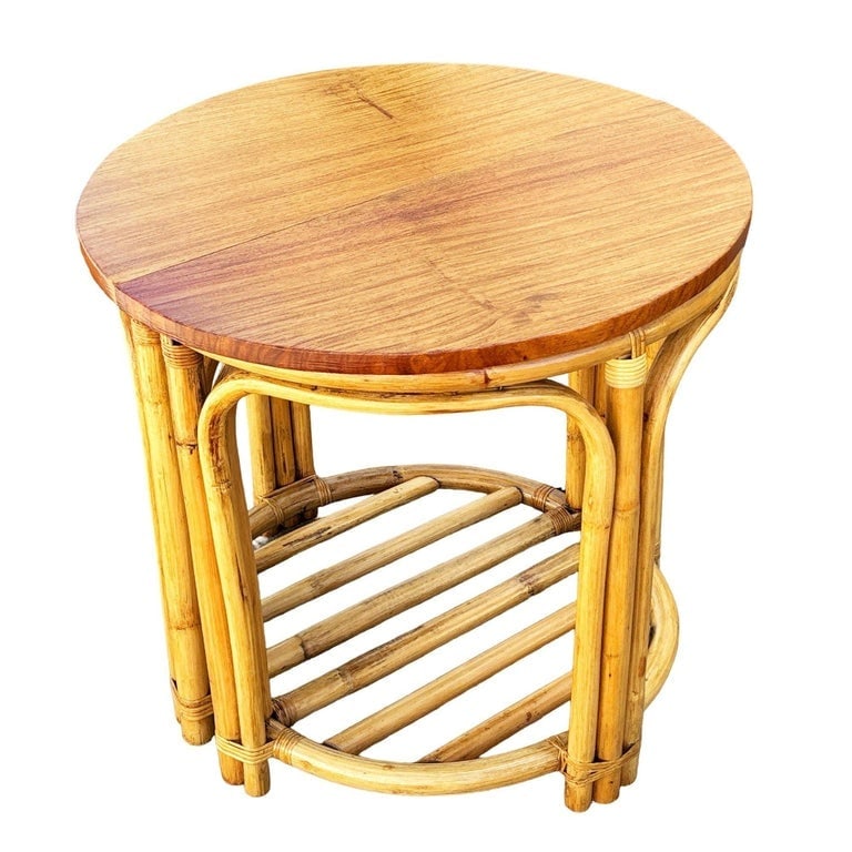 Restored Rattan and Mahogany Half Moon Side Tables with Storage Rack - 3