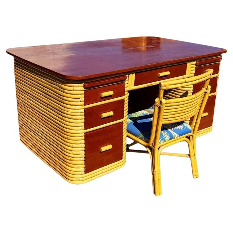 Restored Paul Frankl Style Stacked Rattan and Mahogany Executive Desk W/ Chair (1 of 4)