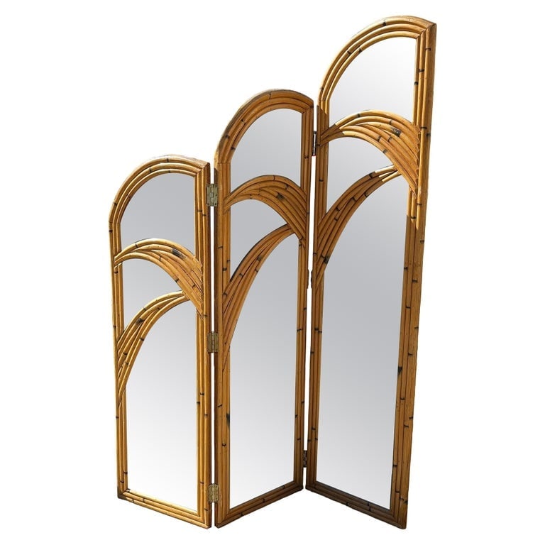 Restored 3-Panel Art Deco Palm Frond Design Rattan Mirror Folding Screen (1 of 8)