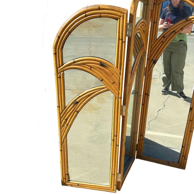 Restored 3-Panel Art Deco Palm Frond Design Rattan Mirror Folding Screen - 2