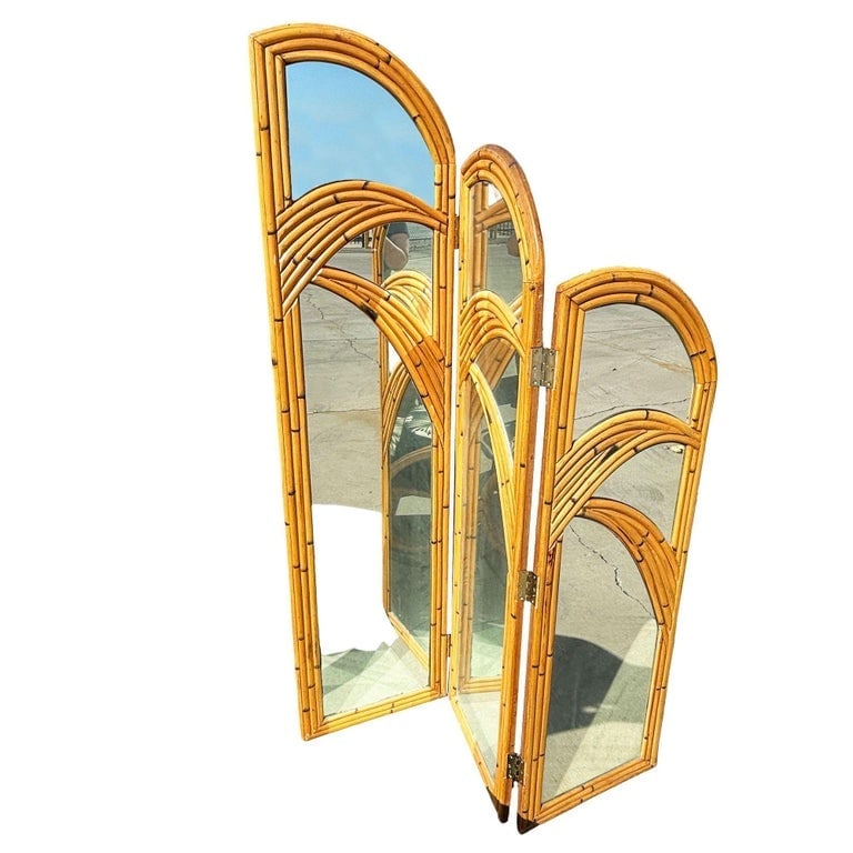 Restored 3-Panel Art Deco Palm Frond Design Rattan Mirror Folding Screen - 7