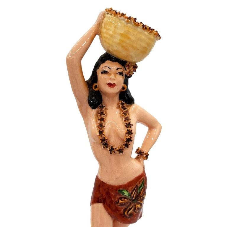 Mid-Century Hand Painted Hawaiian Hula Girl and Native Male Ceramic Statue Set - 4