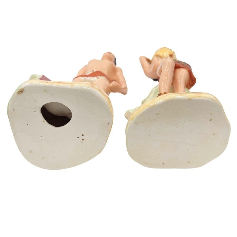 Mid-Century Hand Painted Hawaiian Hula Girl and Native Male Ceramic Statue Set - 5