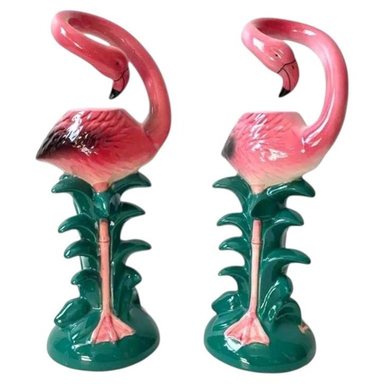 1986 Tropical Pink Flamingo Ceramic Candle Holder Pair by Five and Dime (1 of 6)