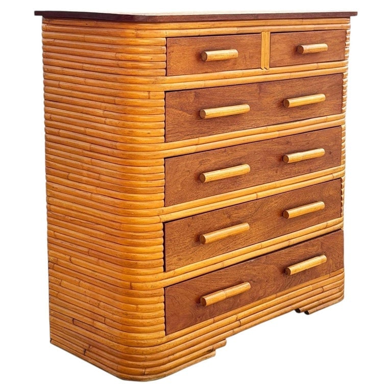 Restored Art Deco 6 Drawer Stacked Rattan Highboy Dresser w/ Mahogany Top: This beautifully restored coastal Art Deco era rattan chest of drawers with a mahogany top and six pull-out mahogany fronted drawers. The petite dresser is a perfect blend of functionality and Pacific