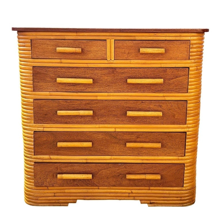 Restored Art Deco 6 Drawer Stacked Rattan Highboy Dresser w/ Mahogany Top - 2