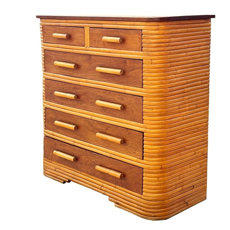 Restored Art Deco 6 Drawer Stacked Rattan Highboy Dresser w/ Mahogany Top - 3