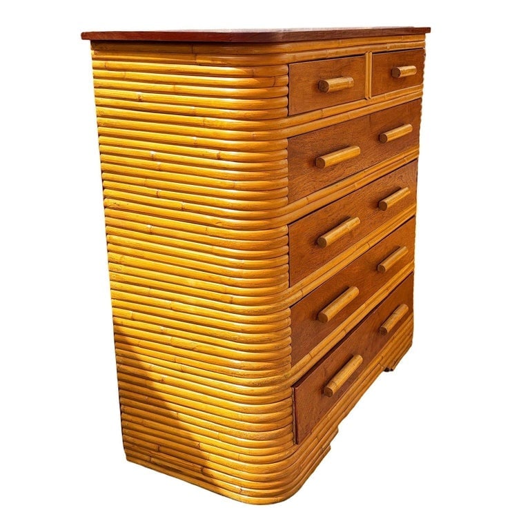 Restored Art Deco 6 Drawer Stacked Rattan Highboy Dresser w/ Mahogany Top - 5