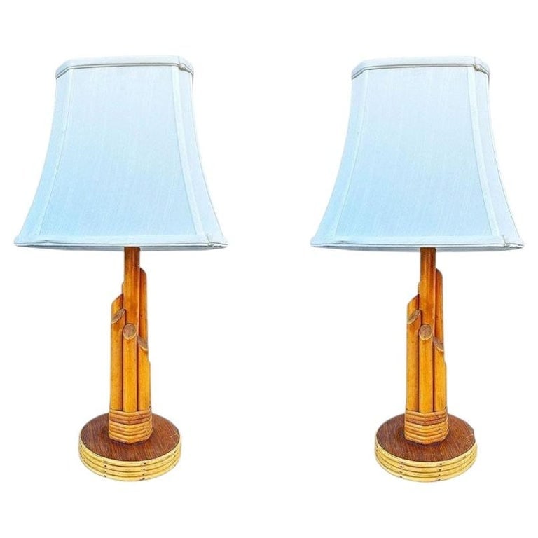 Sculptural Mahogany and Wicker Wrapped Rattan Graduated 7-Pole Table Lamps, Pair (1 of 7)